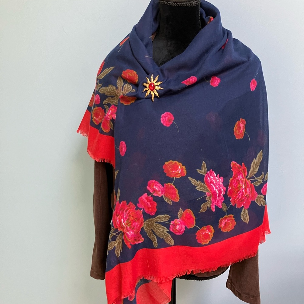 Vintage Navy Blue and Red Floral 54” / 54” Square Scarf Shawl  Wrap
